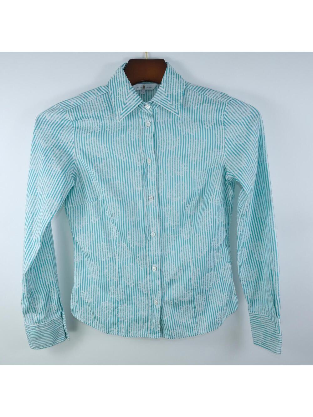 Robert Talbott Womens Button Up Teal Green White Striped Blouse Size 2